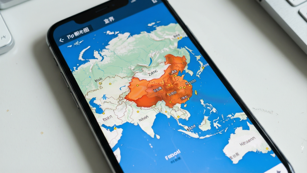 一张中文世界地图软件在手机上运行的实拍效果图,画面中手机屏幕显示世界地图,地图上中国区域放大显示,城市名称清晰可见,手机周围有简洁的桌面背景,整体风格真实自然,画质高清,干净无多余元素
