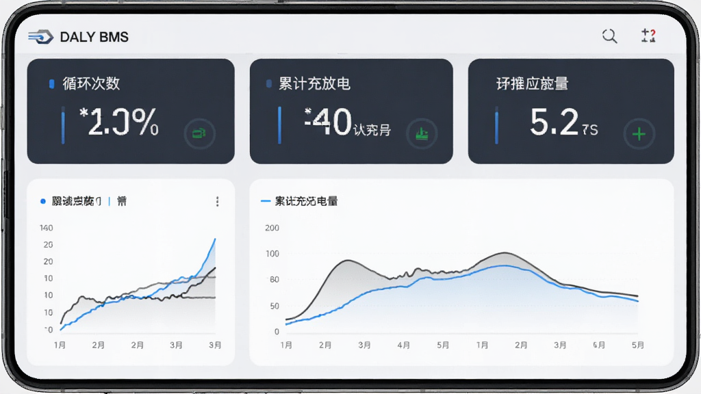 主体为DALY BMS应用历史数据统计页面,屏幕显示循环次数、累计充放电量及曲线图;布局为手机竖屏展示,图表与数字卡片上下排列;排版为清晰的信息层级;风格为简洁商务风格;细节为图表线条流畅,包含