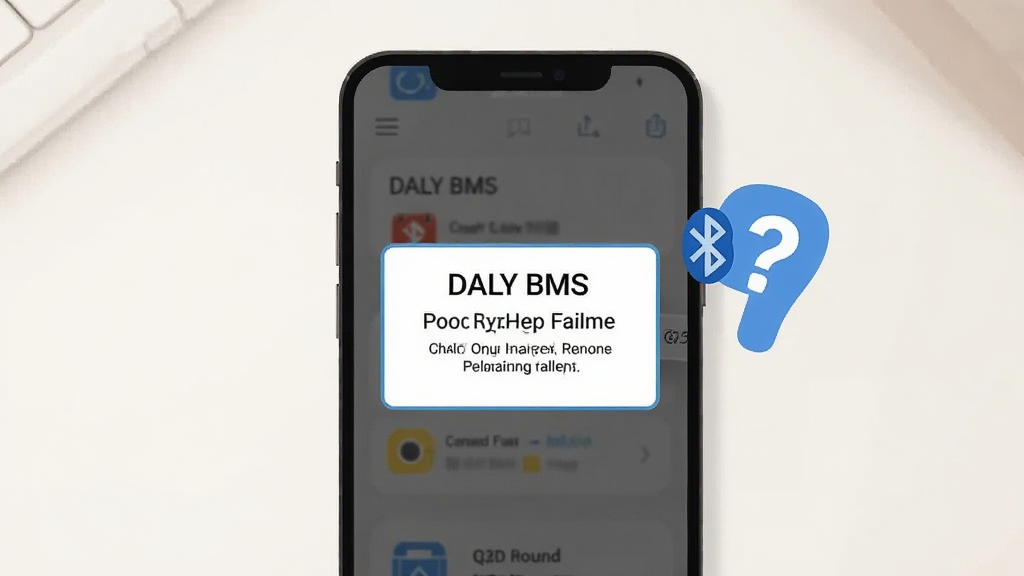 主体为手机屏幕显示DALY BMS蓝牙连接失败提示框,旁边有蓝牙图标和问号;布局为手机居中,背景为浅色桌面;排版为竖版构图;风格为扁平化插画风格;细节为提示框内文字清晰,包含