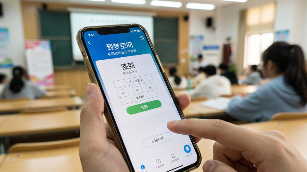 到梦空间手机APP操作界面实拍图,展示学生正在使用手机参与校园活动签到,画面中有手机屏幕特写和手指点击动作,背景是大学教室或活动中心,风格写实自然,画质清晰,光线明亮。