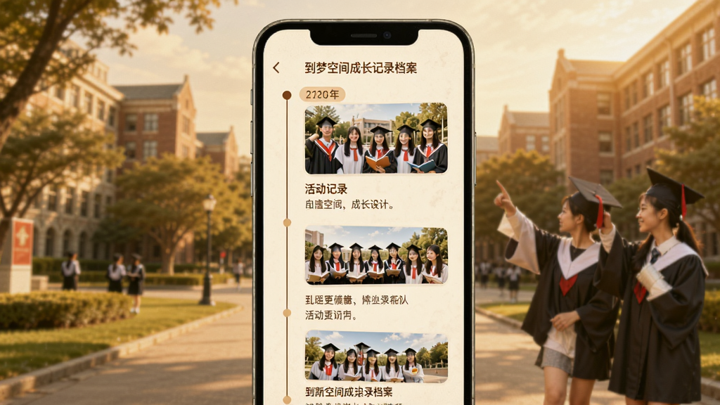 到梦空间成长记录档案页面展示,手机屏幕中呈现时间轴式的活动记录列表,配有活动照片和简短描述,页面设计温馨怀旧,背景是毕业季的校园风光,整体风格柔和温暖,画质细腻。