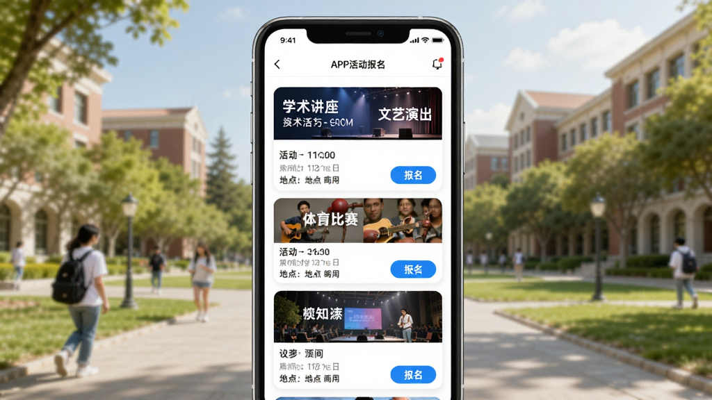 到梦空间APP活动报名界面展示图,手机屏幕中显示着丰富的校园活动卡片列表,包括学术讲座、文艺演出、体育比赛等,每张卡片上有活动名称、时间、地点和报名按钮,背景是明亮的大学校园场景,风格清新自然,画面干净整洁,画质高清。