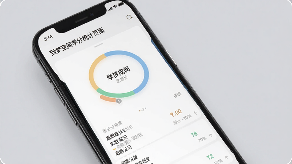 到梦空间学分统计页面示意图,手机屏幕显示着学分进度环形图和各类学分明细列表,包括思想成长、实践实习、志愿公益、创新创业等模块,界面简洁现代,配色柔和,背景为浅灰色,画质清晰,无杂乱元素。
