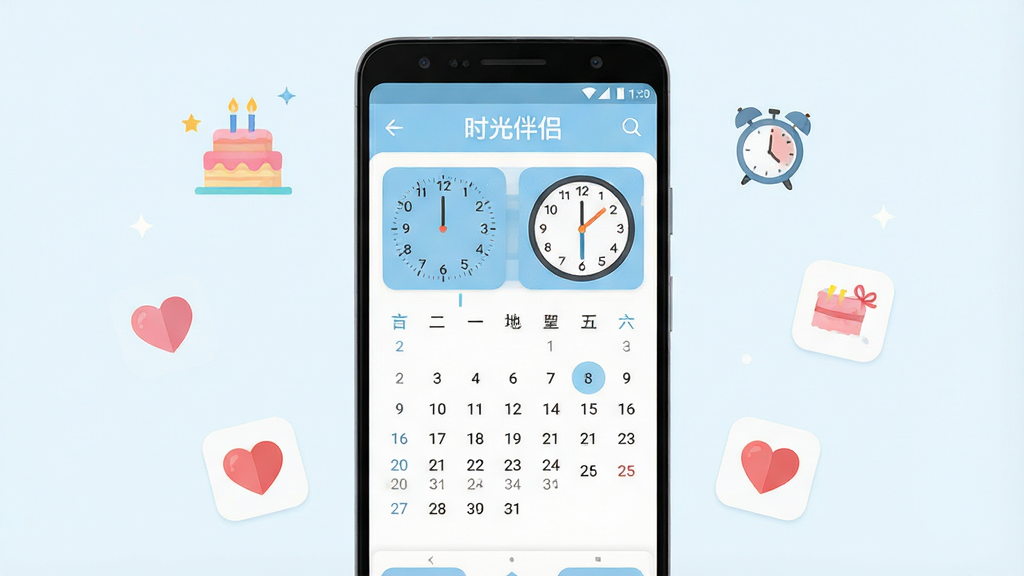 一张展示“时光伴侣”手机应用主界面的效果图,画面中央是一部竖屏安卓手机,屏幕内显示日历月视图与时钟小组件,界面主色为淡蓝与白色,布局简洁,上方有“时光伴侣”文字标识,周围漂浮着生日蛋糕、闹钟、爱心等小图标,风格清新扁平化,细节清晰,画质干净,无多余元素