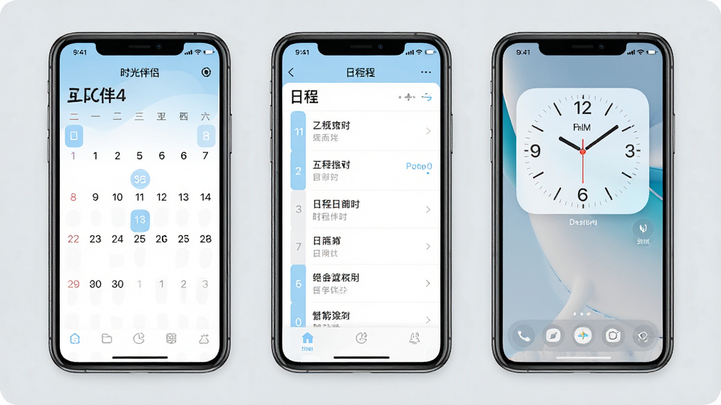 一款名为“时光伴侣”的手机应用多视图展示图,画面中并排摆放三部手机,分别展示月历视图、日程列表视图和桌面时钟小组件,界面配色统一为浅蓝白,排版整齐,背景为淡灰色,风格简约现代,细节清晰,画质干净,无多余元素