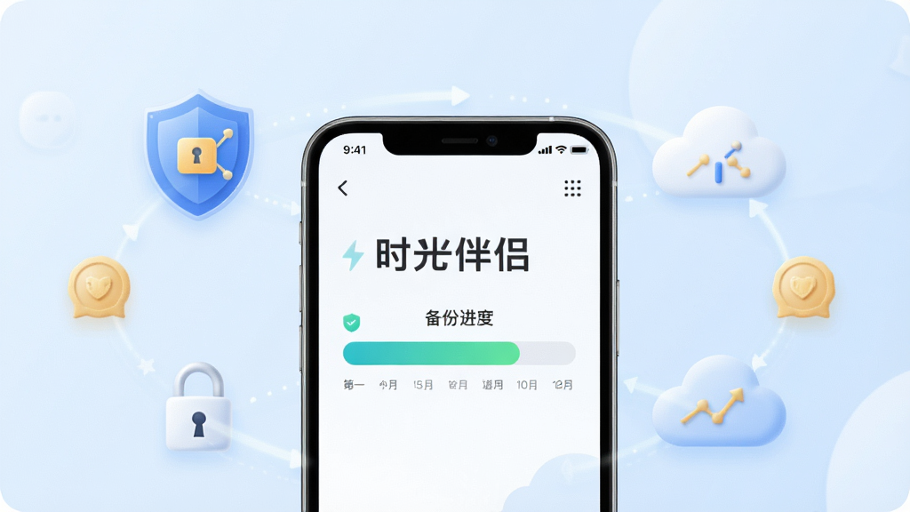 一张表现“时光伴侣”数据备份与隐私保护功能的示意图,画面中央是一部手机显示备份进度条,周围有盾牌、锁、云朵等图标,背景为淡蓝色,风格安全可靠,细节清晰,画质干净,无多余元素
