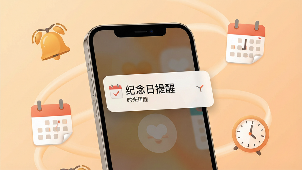 一张表现“时光伴侣”智能提醒功能的示意图,画面中央是一部手机弹出提醒通知,通知内容显示“纪念日提醒”,手机周围环绕着铃铛、日历、时钟等图标,背景为柔和的浅橙色渐变,风格温暖清新,细节清晰,画质干净,无多余元素