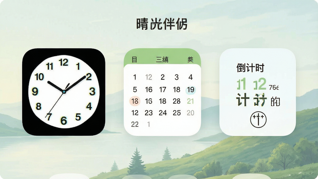 一张展示“时光伴侣”桌面小组件布局的效果图,画面中手机桌面排列着时钟小组件、日历小组件和倒计时小组件,壁纸为浅色风景,小组件风格统一,排版整洁,风格清新自然,细节清晰,画质干净,无多余元素