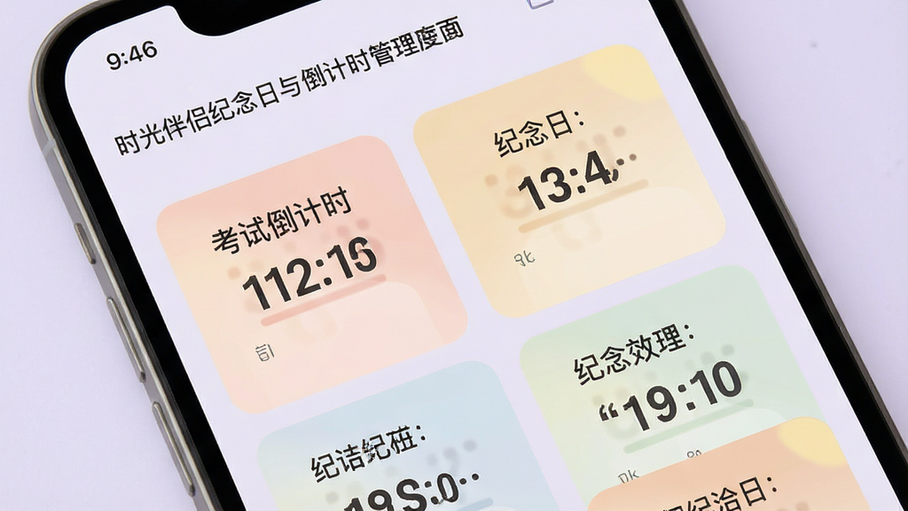 一张展示“时光伴侣”纪念日与倒计时管理界面的效果图,画面中手机屏幕显示多个倒计时卡片,卡片上写有“考试倒计时”“纪念日”等文字,卡片配色柔和,背景为淡紫色,风格温馨简约,细节清晰,画质干净,无多余元素