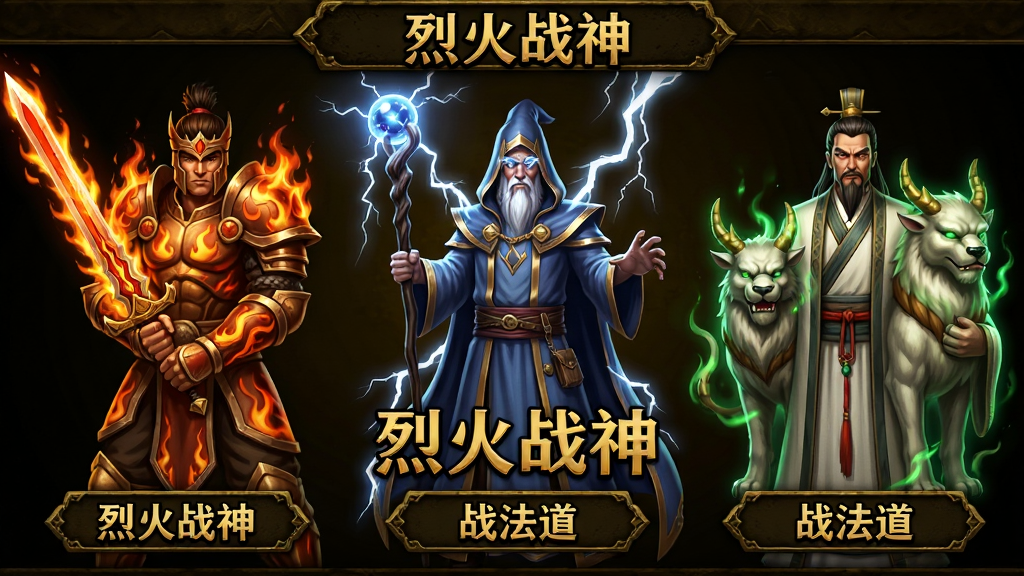画面主体为三位传奇角色并排站立,左侧是手持烈焰剑的战士,中间是环绕雷电的法师,右侧是带着神兽的道士;布局采用横版展示,角色等距排列;排版像职业选择界面,每个角色下方有职业名称标签;风格为复古传奇CG质感,暗金色调;细节包括战士铠甲上的火焰纹路、法师法杖顶端的雷球、道士神兽的绿色光效;画面中打上文字“烈火战神”和“战法道”字样;画质高清,干净,无多余元素