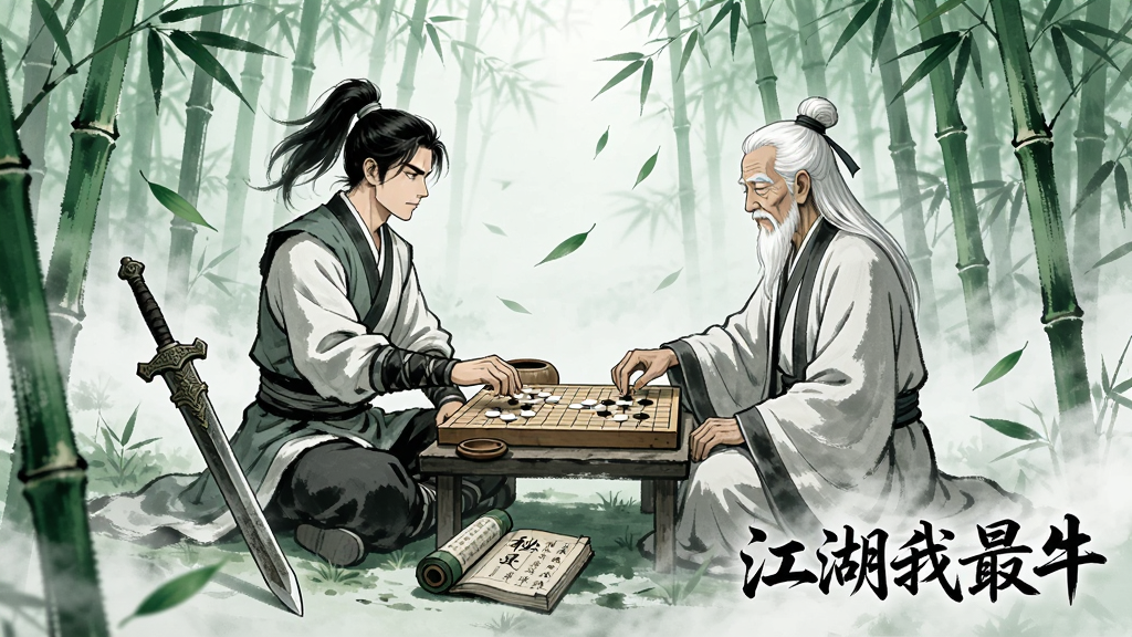 一幅描绘江湖奇遇场景的插画,画面中一位侠客在竹林深处偶遇一位白发老者正在下棋,棋盘旁放着一把古剑与一卷秘籍,周围有飘落的竹叶与淡淡的雾气,画面右下角有