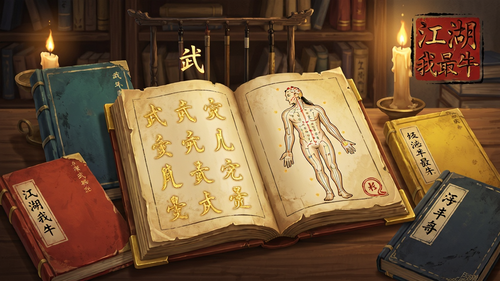 一幅展示武侠武学秘籍的画面,画面中央是一本翻开的古籍秘籍,书页上浮现出金色的武功招式文字与经脉穴位图,周围环绕着数本不同颜色的武学书籍,背景是古朴的书架与烛台,画面右上角有