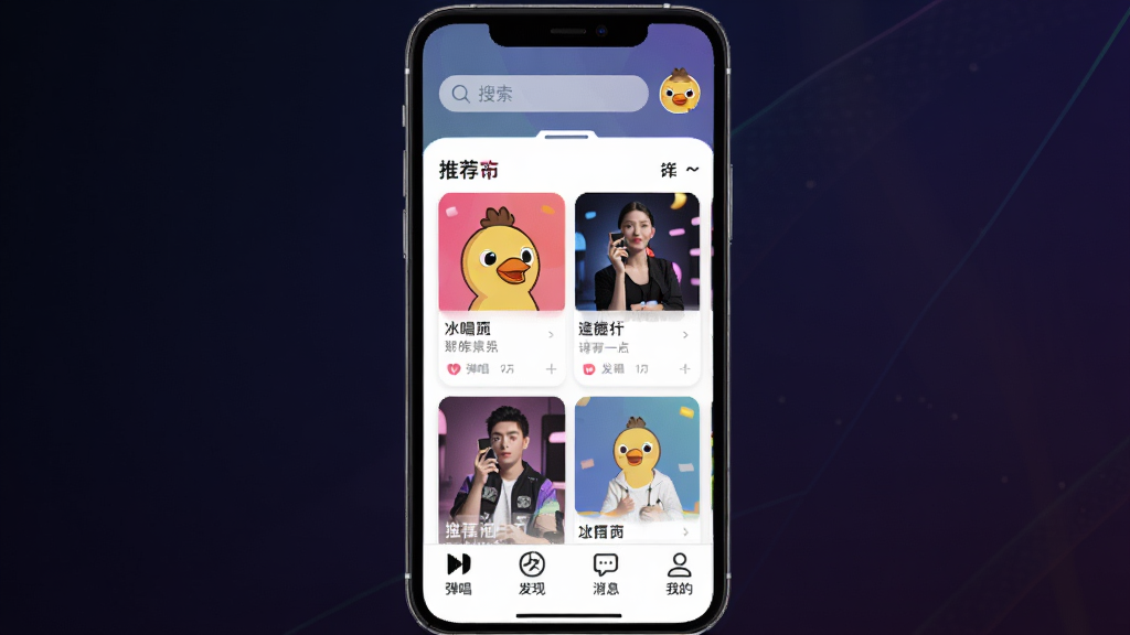 唱鸭APP主界面预览图,画面中央展示手机屏幕内唱鸭应用的主界面,顶部有搜索栏和用户头像,中部是推荐歌曲卡片列表,底部有弹唱、发现、消息、我的四个导航图标,背景为深色渐变风格,整体布局清晰,色彩活泼,画质干净,无多余元素