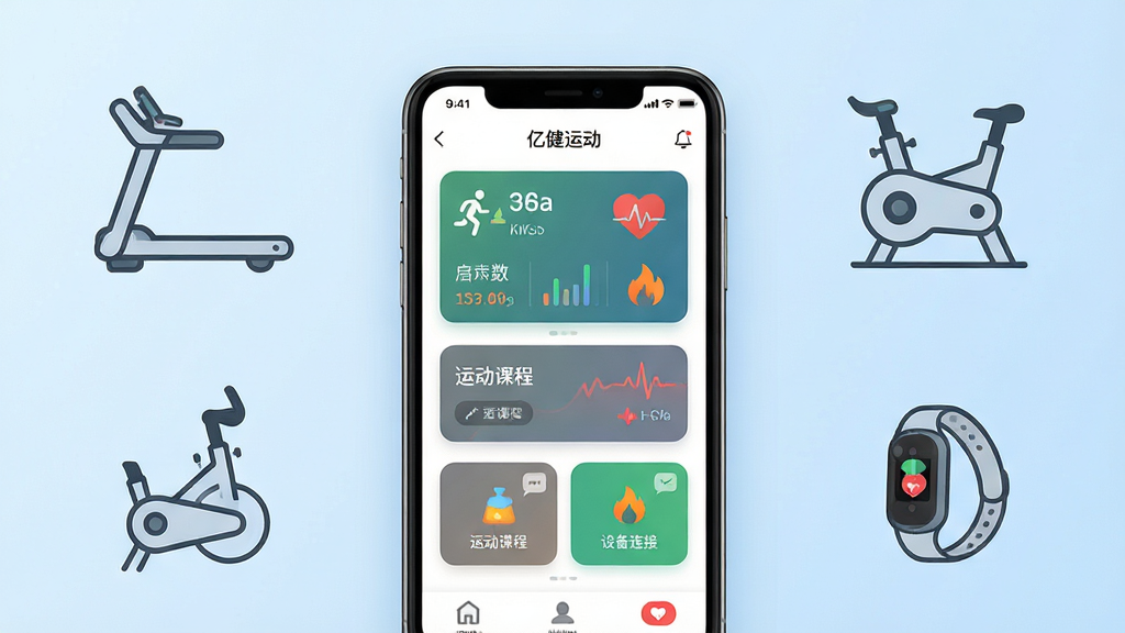 亿健运动软件主界面全貌展示,画面中央放置一部智能手机,屏幕显示亿健运动APP首页,包含跑步数据卡片、运动课程入口、设备连接状态图标,手机周围环绕跑步机、动感单车、智能手环等运动器材的简约线条图标,背景为浅蓝色渐变,布局采用居中对称排版,风格为现代科技感扁平化设计,细节包含数据图表、心率波纹、卡路里火焰小图标,画质高清,画面干净,无多余元素