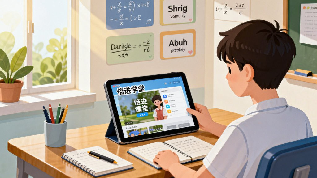 画面中央是一间明亮整洁的现代化在线学习教室,一位学生正坐在书桌前使用平板电脑观看倍进学堂的课程视频,书桌上整齐摆放着笔记本与文具,背景墙上有序排列着数学公式与英语单词卡片,整体采用清新明快的插画风格,细节包括屏幕中显示倍进学堂的课程界面、窗外的绿植与温暖的阳光,画质清晰干净,无多余元素