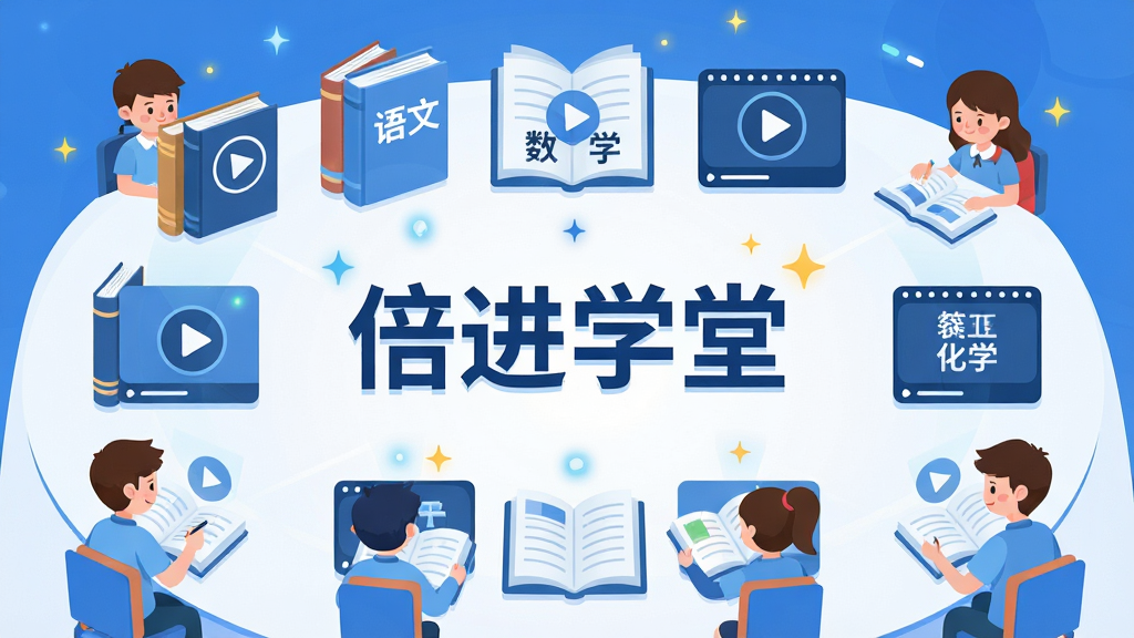 画面采用俯视视角展示一个巨大的虚拟知识库,内部整齐排列着语文、数学、英语、物理、化学等各学科书籍与视频课程图标,中心位置醒目显示“倍进学堂”字样,周围环绕着正在学习的卡通学生形象,整体风格为扁平化科技感插画,色彩以蓝色和白色为主,细节包括书本翻开的页面、播放按钮图标、闪烁的知识点光点,画质高清干净,无多余元素