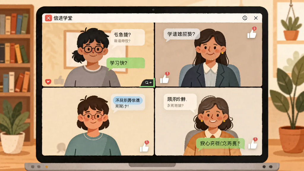 画面描绘一个温馨的线上学习社区场景,多位不同年龄的学生与老师通过倍进学堂平台进行视频连线与文字交流,屏幕中显示聊天对话框与点赞图标,背景有书架与绿植装饰,整体风格为温暖治愈的扁平插画,细节包括人物表情的专注与微笑、对话框中的学习问题与解答,画质清晰干净,无多余元素