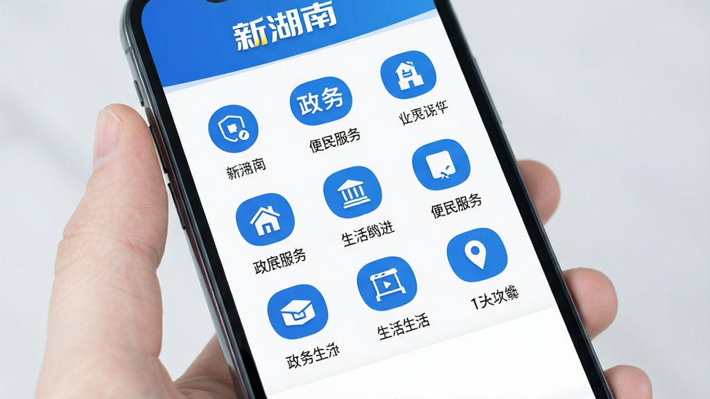 新湖南 便民服务 界面 展示 政务 生活 功能 图标 排列 整齐 手机 屏幕 蓝色 白色 背景 简洁 现代 高清 干净 无多余元素