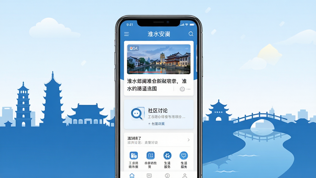 画面中央是一部智能手机,屏幕显示淮水安澜应用主界面,界面包含新闻资讯卡片、社区讨论入口、生活服务图标等功能模块,背景为淮安城市地标建筑剪影与运河风光,整体采用蓝色与白色为主色调的扁平化设计风格,布局清晰层次分明,细节精致,高清画质,干净整洁,无多余元素
