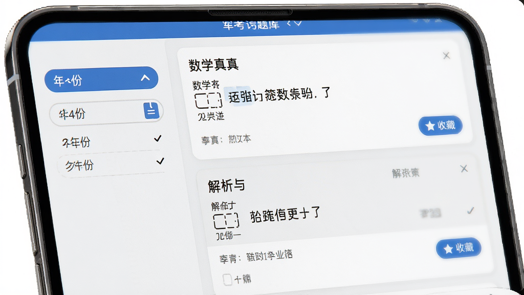 军考题库界面展示真题列表页面,左侧为年份筛选栏,右侧为题目卡片流,屏幕中显示数学真题与解析展开状态,主体为手机屏幕特写,布局左右分栏,排版清晰,风格教育类APP写实风,细节包含答题卡与收藏按钮,画质清晰干净无多余元素