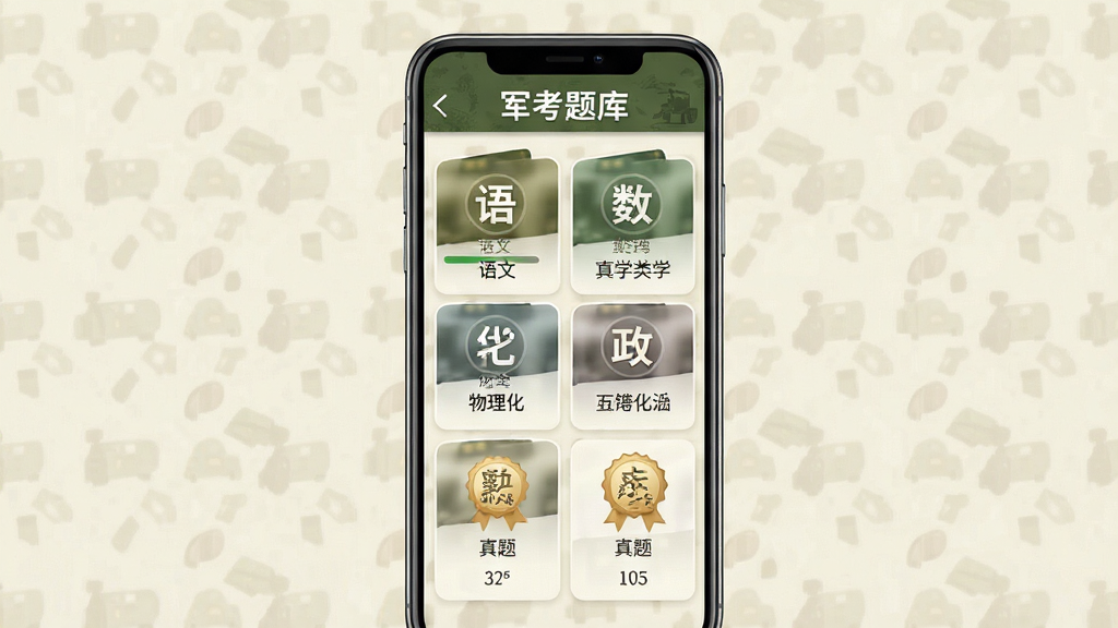 手机屏幕中央显示军考题库APP主界面,顶部为绿色军旅风格标题栏,下方排列语文数学英语物理化学政治等学科练习入口卡片,背景为整洁的军营风浅色底纹,主体清晰居中,布局上下结构分明,排版整齐,风格写实简约,细节包含进度条与真题标识,画质高清干净无多余元素