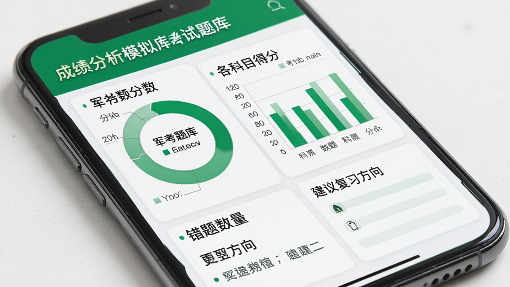 军考题库模拟考试结果页面,手机屏幕显示分数环形图与各科目得分柱状图,下方列出错题数量与建议复习方向,主体为成绩分析界面,布局上下结构,排版规整,风格数据可视化写实风,细节包含军考题库字样与绿色主色调,画质高清干净无多余元素