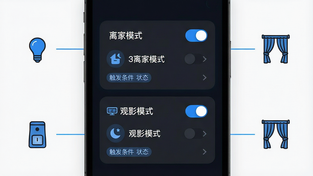 一张展示智能家居管家自动化场景设置界面的图片,画面主体为手机屏幕,屏幕中显示“离家模式”和“观影模式”两个场景卡片,卡片上有对应的设备图标和状态说明,布局为手机屏幕居中、周围有简单的连接线条指向灯泡和窗帘图标,风格为现代简约科技风、深色背景搭配蓝色高亮,细节包括场景名称文字、开关按钮、触发条件标签,画质高清,干净整洁,无多余元素
