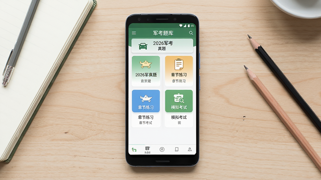 主体为一部安卓手机屏幕显示军考题库APP首页界面,布局为手机居中放置于浅色木质桌面,周围散落笔记本和铅笔,排版为竖版构图,风格为写实清新数码产品展示风,细节包括屏幕内可见2026军考真题、章节练习、模拟考试等模块图标,画质高清干净无多余元素