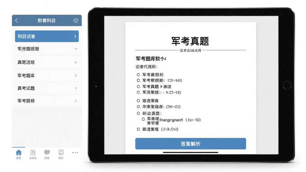 主体为军考题库软件内真题试卷页面,布局为左侧科目列表右侧试卷内容,排版为横向平板展示,风格为教育类APP界面写实风,细节包括试卷标题显示军考真题字样、题目选项清晰、底部有答案解析按钮,画质高清干净无多余元素