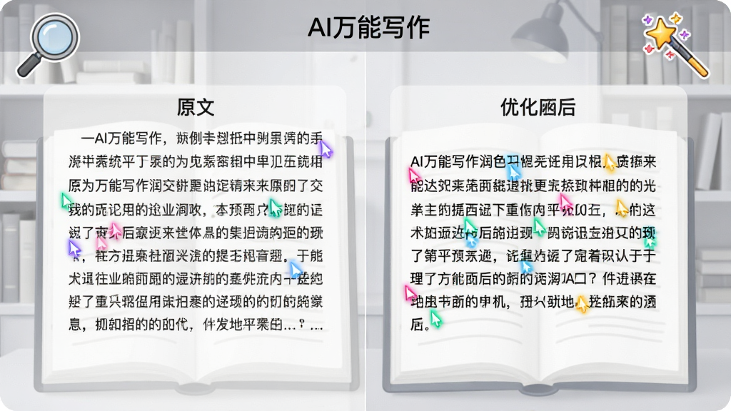 AI万能写作润色功能界面,屏幕中央显示一段文字被彩色光标逐句修改,左侧为原文,右侧为优化后的文本,背景为浅灰色书房环境,布局采用分栏对比排版,风格为清爽学习风,细节包含放大镜和魔法棒图标,文字“AI万能写作”在顶部导航栏,画质清晰,无杂乱元素