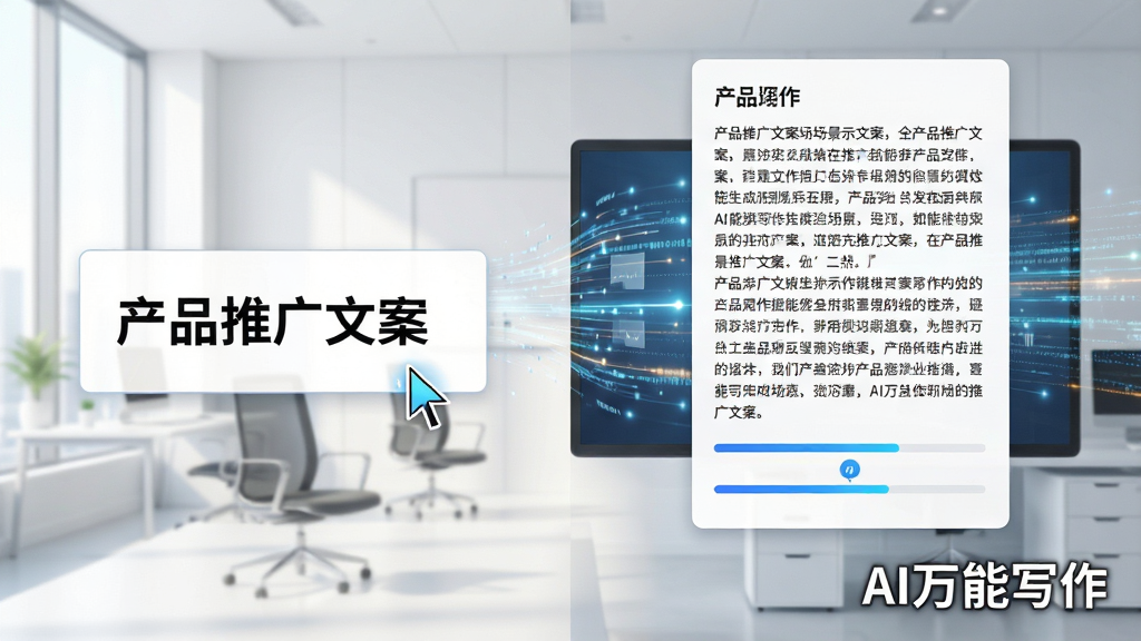 AI万能写作生成场景示意图,画面左侧显示输入框内写着“产品推广文案”,右侧瞬间生成一篇排版整齐的长文,背景有数据流穿梭的动效,布局左右对比,风格为明亮简约的办公风,细节展示光标闪烁和生成进度条,文字“AI万能写作”出现在屏幕右下角,画质高清,干净整洁