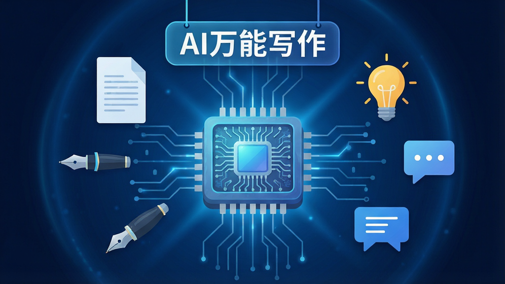 AI万能写作软件主界面全貌展示,中央放置一个发光的智能芯片图标,周围环绕着文档、钢笔、灯泡、对话框等元素,背景为深蓝色科技光晕,布局采用中心对称放射状,风格为现代扁平化科技风,细节上芯片纹理清晰可见,文字标签“AI万能写作”悬浮在顶部,画质4K超清,干净无多余元素