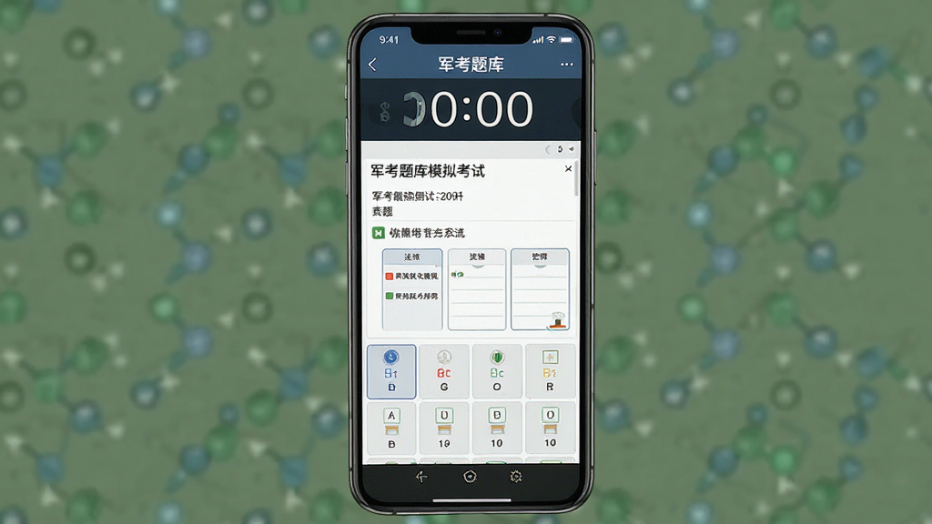 主体为军考题库模拟考试界面,布局为手机屏幕显示考试倒计时和答题卡,排版为竖版手机截图风格,风格为考试系统写实界面,细节包括顶部倒计时数字、中部题目区域、底部答题卡网格,画质高清干净无多余元素