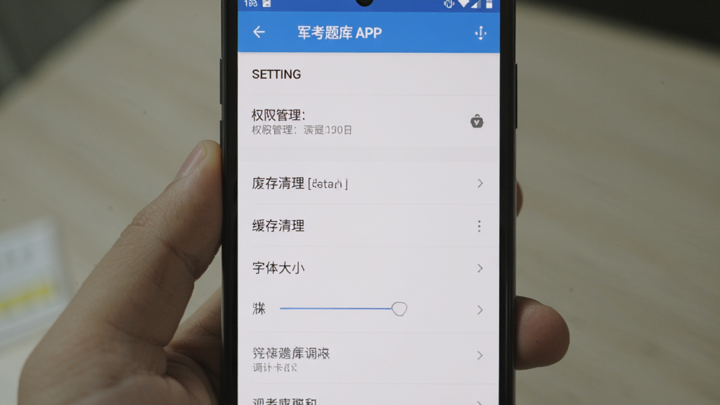 主体为军考题库APP在安卓手机上的设置页面截图,布局为手机屏幕竖向展示,排版为设置选项列表,风格为写实APP界面风,细节包括权限管理、缓存清理、字体大小调节等选项,画质高清干净无多余元素