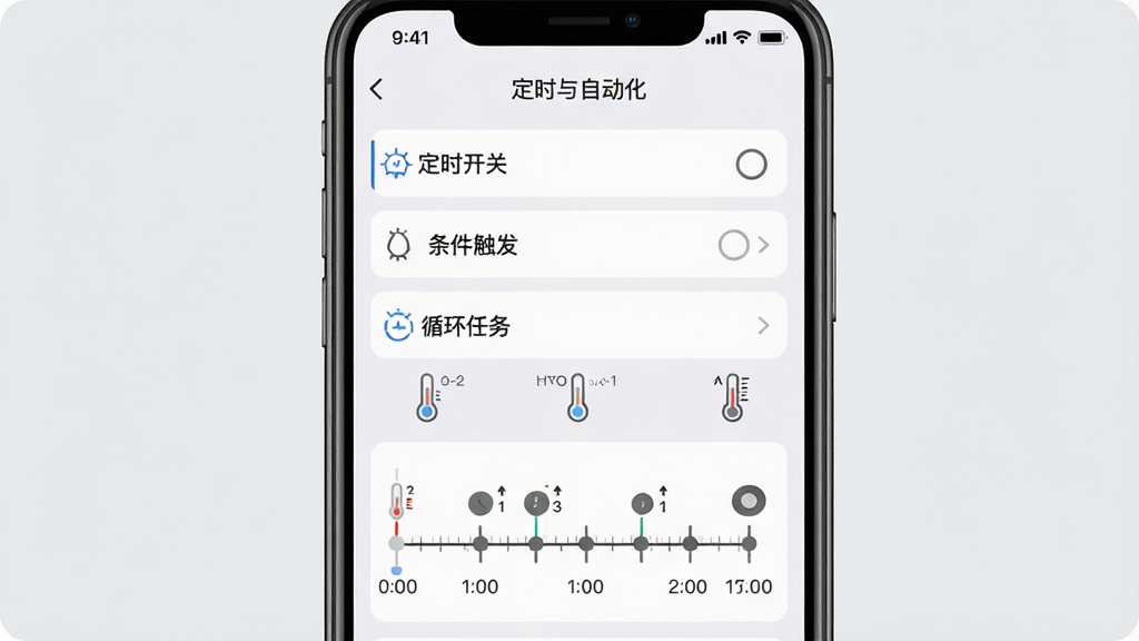 智能家居管家定时任务设置界面,手机屏幕显示“定时与自动化”页面,页面上有定时开关、条件触发、循环任务三个选项,下方有具体的时间轴与温度计图标,布局为上下结构,上方为功能选项,下方为时间轴示意图,风格为简约工具风,细节上时间轴带有刻度与标记点,背景为浅灰色,画质高清,画面干净,无多余元素