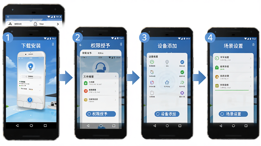 智能家居管家新手安装步骤示意图,画面为一部安卓手机,屏幕上依次展示下载安装、权限授予、设备添加、场景设置四个步骤的缩略界面,手机右侧有箭头引导,布局为横向流程结构,风格为教程图解风,细节上每个步骤带有编号标签,背景为白色,画质高清,画面干净,无多余元素