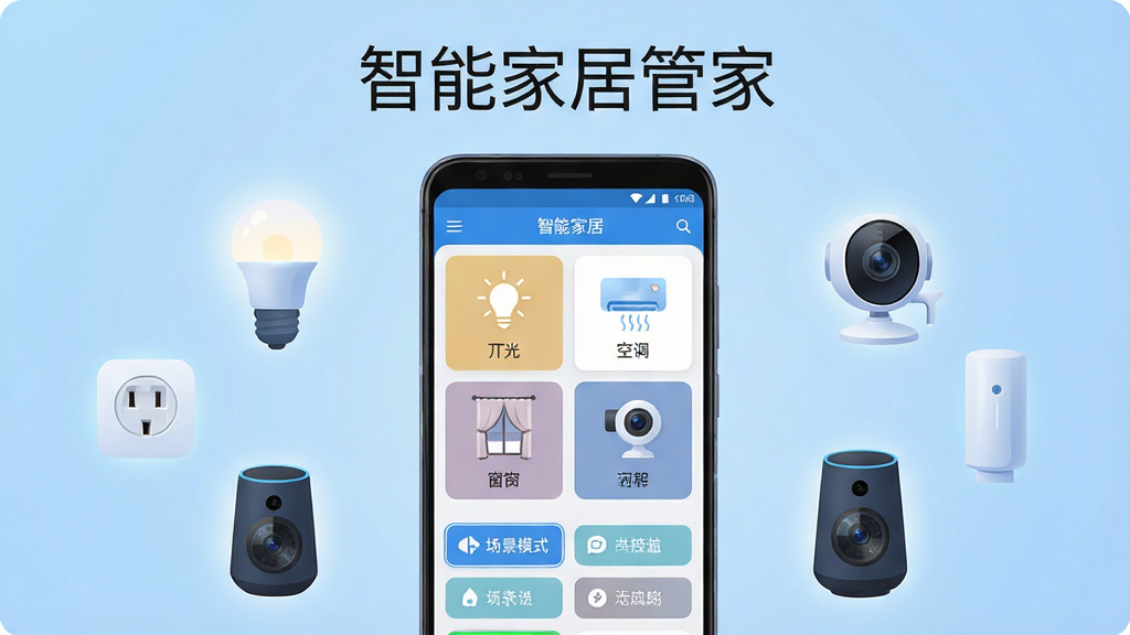 软件主界面全景展示,画面中央放置一部安卓手机,手机屏幕显示智能家居管家App的首页控制面板,面板上有灯光、空调、窗帘、摄像头四个设备卡片,卡片下方有场景模式按钮,手机周围环绕智能灯泡、智能插座、智能摄像头、智能音箱等设备图标,整体布局为居中构图,上方留白放置软件名称文字“智能家居管家”,排版简洁清爽,风格为现代科技感扁平插画,细节上设备图标带有轻微发光效果,背景为浅蓝色渐变,画质高清,画面干净,无多余元素