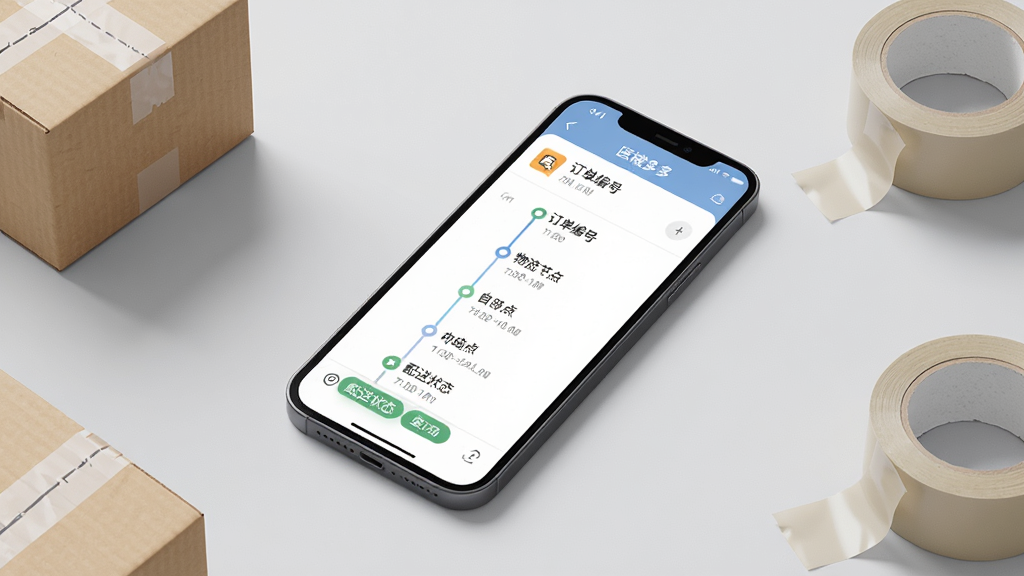 医械多多订单跟踪页面展示图,画面中一部手机显示订单物流跟踪界面,包含订单编号、物流节点时间线、配送状态标签,手机斜放在浅灰色背景上,周围有快递盒和胶带卷作为点缀,风格现代简约,色彩柔和,细节清晰,画质高清,画面干净,无多余元素