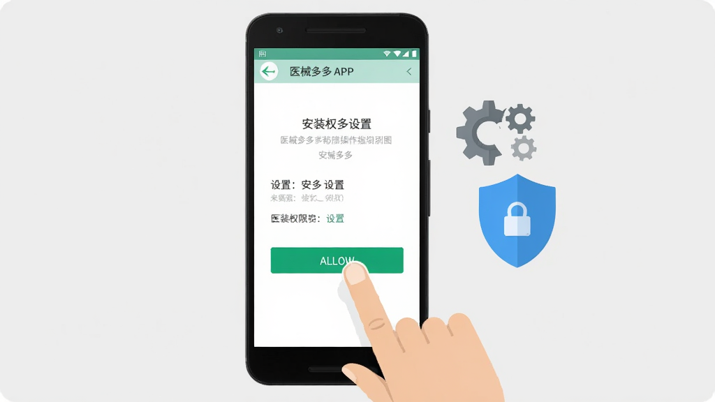 医械多多移动端操作指引图,画面中一部安卓手机竖屏显示医械多多APP的安装权限设置界面,手指点击允许按钮,手机旁边有齿轮和盾牌图标象征设置与安全,背景为浅灰色,风格扁平化,细节清晰,画质高清,画面干净,无多余元素