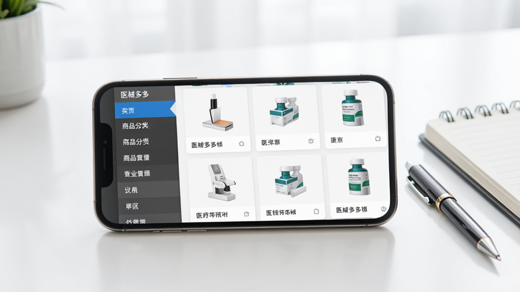 医械多多商品分类页面展示图,画面主体为手机屏幕显示医疗器械商品列表,左侧为分类导航栏,右侧为商品卡片,卡片上有商品图片和名称,手机放置在白色桌面上,旁边有一支笔和一本笔记本,背景简洁明亮,风格清新商务,细节丰富,画质清晰,画面干净,无多余元素