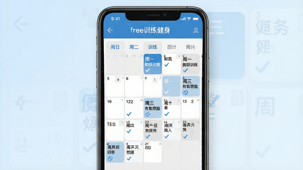 一幅展示FreeFitness健身个性化训练计划页面的手机界面图,主体为一部竖屏手机,屏幕内显示一周训练日历和每日训练任务卡片;布局为手机居中,背景为淡蓝色渐变;排版采用日历网格形式,已完成任务打勾标记;风格简洁商务运动风,色彩以蓝色、白色、灰色为主;细节上日历中标注