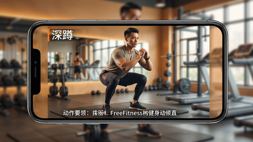 一幅展示FreeFitness健身动作视频指导界面的手机应用图,主体为一部横屏手机,屏幕内播放健身教练示范深蹲动作的视频画面;布局为手机居中,背景为健身房环境虚化;排版上视频占据主体,下方有动作要领文字说明;风格专业健身教学风,色彩以暖色调为主;细节上屏幕中教练穿着运动服,画面角落有
