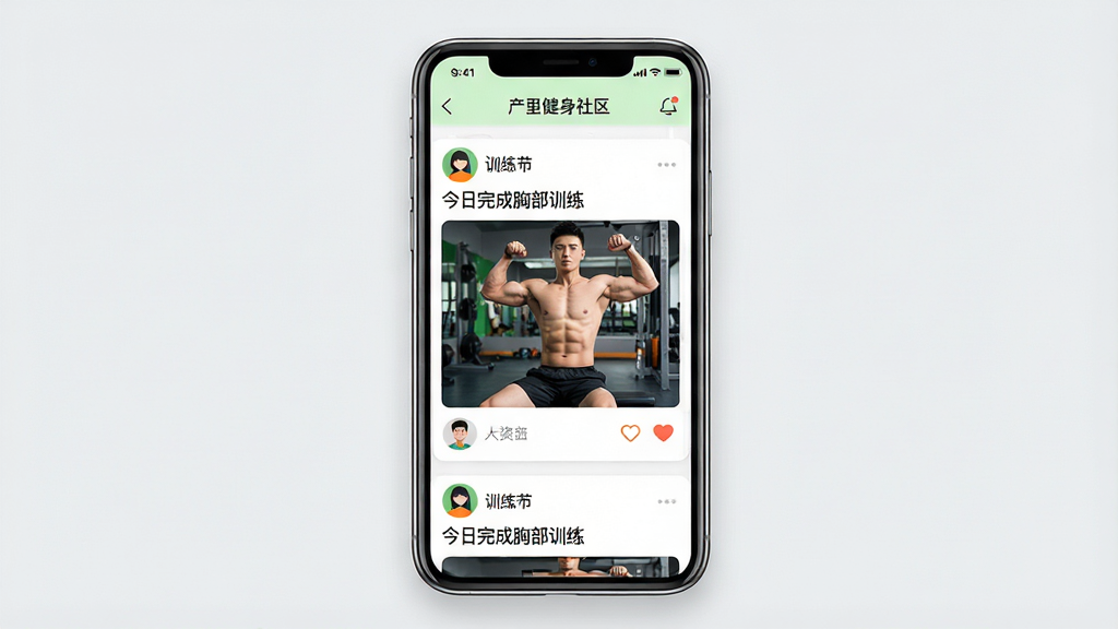 一张展示FreeFitness健身社区互动界面的手机应用图,主体为一部竖屏手机,屏幕内显示用户动态流,包含训练打卡照片和点赞评论;布局为手机居中,背景为浅灰色;排版上动态卡片纵向排列,带有用户头像和昵称;风格社交生活风,色彩以白色、绿色、橙色为主;细节上动态内容显示