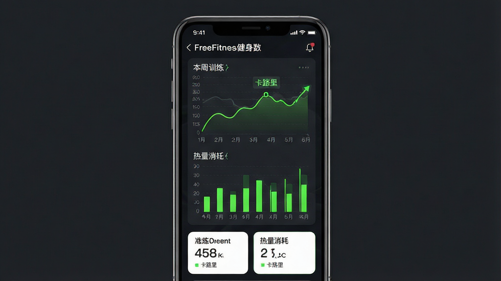 一张展示FreeFitness健身数据统计与进度追踪界面的手机应用图,主体为一部竖屏手机,屏幕内呈现折线图和柱状图展示训练时长与热量消耗;布局为手机居中,背景为深灰色;排版上图表占据主要区域,下方有数据摘要卡片;风格科技运动风,色彩以深色背景、荧光绿图表线条为主;细节上图表旁标注