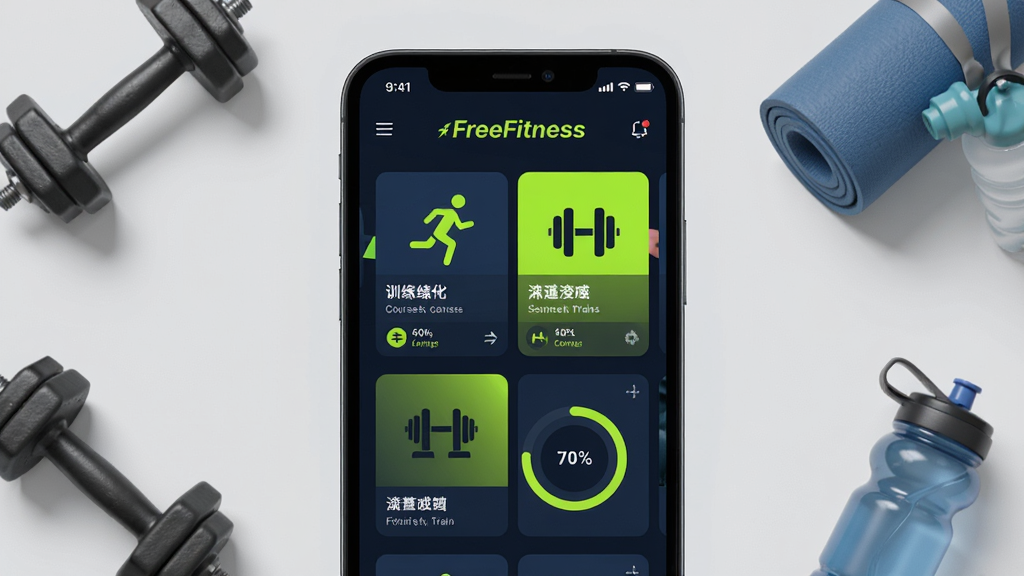 一幅展示FreeFitness健身应用主界面的手机屏幕渲染图,主体为一部竖屏智能手机,屏幕内呈现深色主题的健身应用首页,包含训练课程卡片和进度圆环;布局为手机居中放置于浅灰色背景上,四周点缀哑铃、瑜伽垫、运动水壶等健身元素;排版简洁,手机屏幕内容清晰可见;风格为现代科技运动风,色彩以深蓝、荧光绿为主;细节上屏幕中的文字为英文