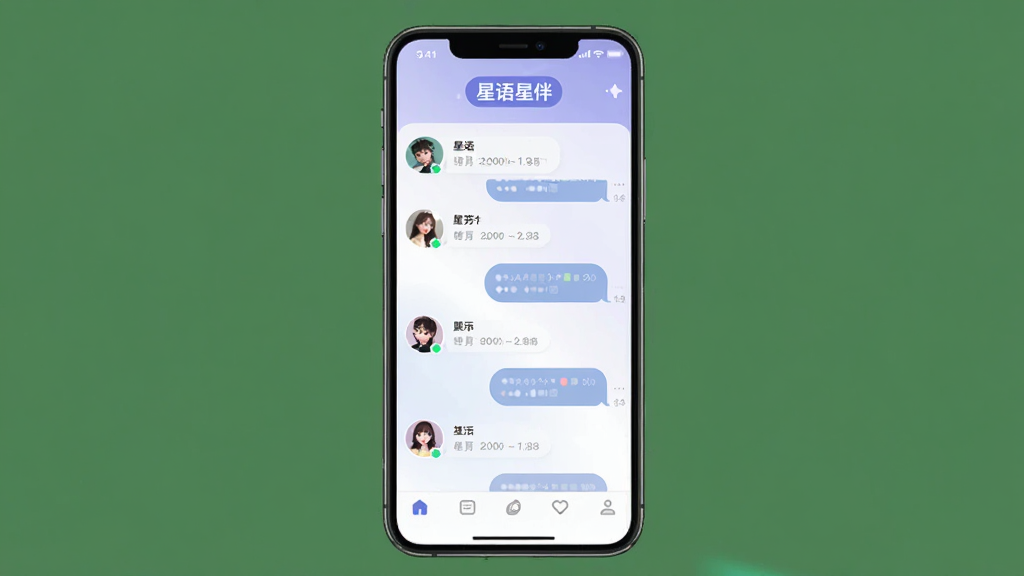 星语星伴APP移动端操作界面展示图,画面中一部智能手机竖屏显示聊天列表和底部导航栏,屏幕上方有“星语星伴”文字,界面元素包括头像、消息气泡、时间戳,背景为淡紫色渐变,风格简约现代,细节清晰,画质干净,无多余元素