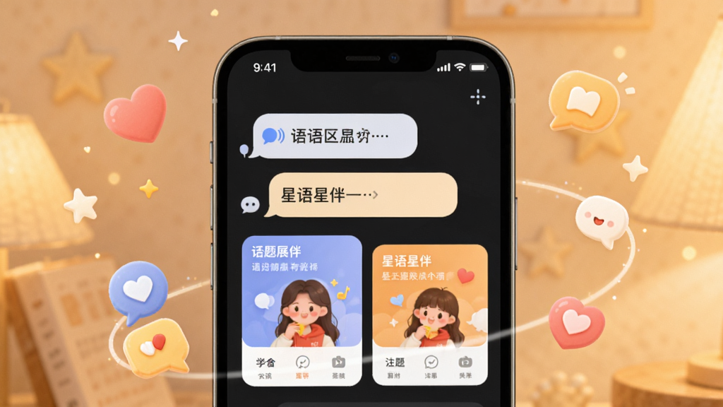 星语星伴APP功能展示图,画面中一部手机屏幕内显示语音消息气泡和话题卡片并排布局,周围环绕着爱心、对话图标等装饰元素,背景为柔和的暖色调,风格温馨友好,细节清晰,画质干净,无多余元素