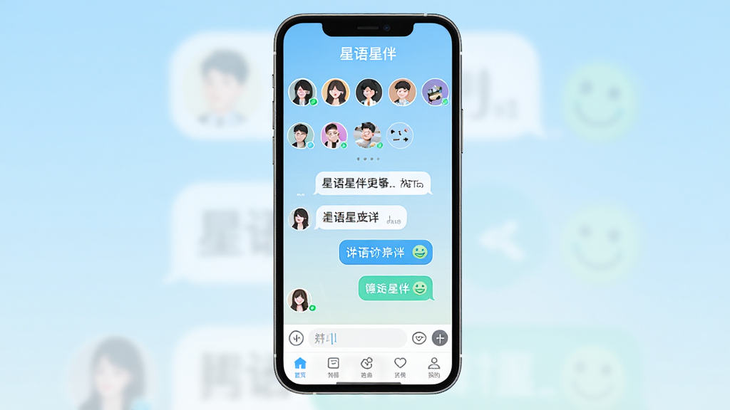 一张手机应用界面展示图,画面中央是星语星伴APP的聊天主界面,上方显示“星语星伴”文字标识,界面中有多个圆形头像排列,下方是对话气泡和输入框,背景为浅蓝渐变色调,风格清新简洁,细节包括聊天气泡、表情图标、底部导航栏,画质清晰干净,无多余元素