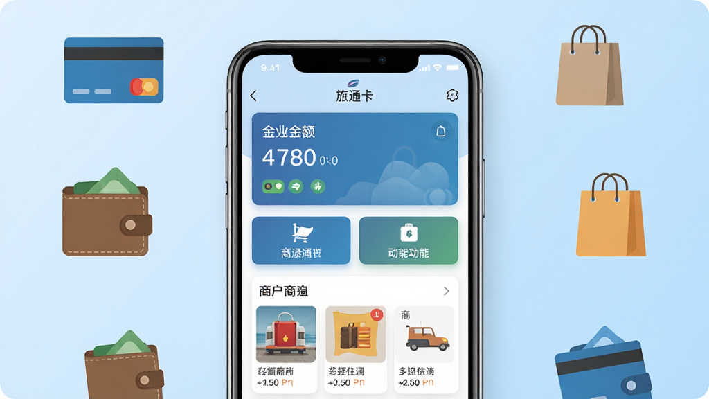 一张展示旅通卡手机应用界面的图片,画面中央是一部智能手机,屏幕上显示旅通卡APP的首页,包含余额展示区域、功能按钮和商户列表,背景为浅蓝色渐变,周围环绕着卡片、钱包、购物袋等扁平化图标元素,整体风格清新简约,布局整洁有序,画质清晰干净,无多余元素