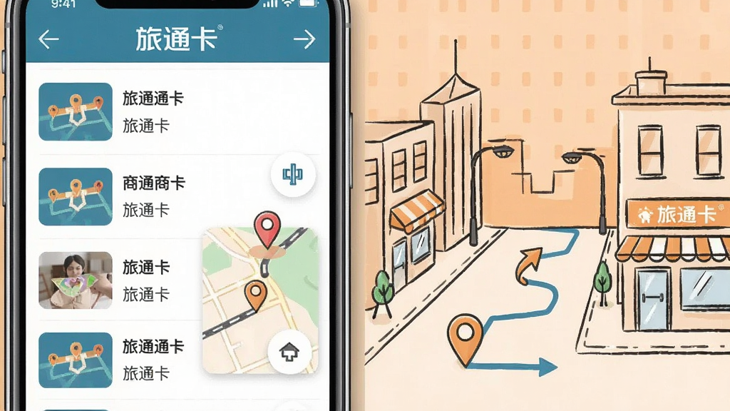 一张旅通卡商户导航功能的场景图,画面左侧是手机屏幕显示商户列表和地图标记,右侧是城市街道与店铺的简笔插画,有定位图标和路线指引元素,背景为浅橙色,风格清新商务,布局左右分栏,画质清晰干净,无多余元素,图片中文字为